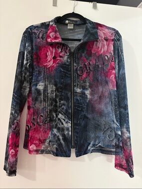 Damee Inc. - Pink and Denim look Artsy Print Sheer Embellished Zip Jacket